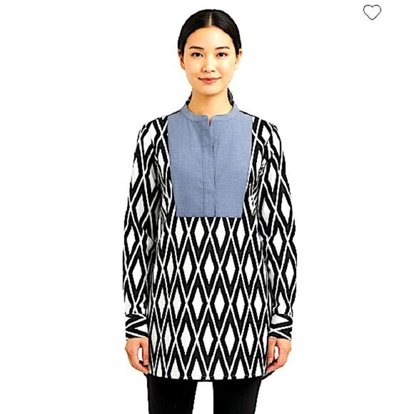 J. Crew Black & White Geometric Diamond Print Tunic with Chambray Bib Size Small - Picture 1 of 8